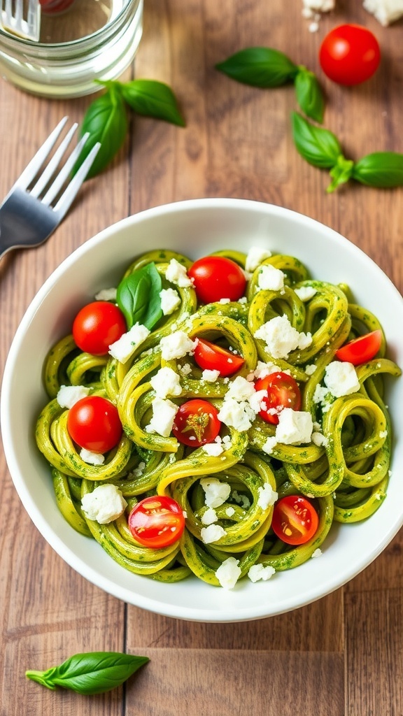 A bowl of pasta with pesto, feta cheese, and cherry tomatoes, garnished with basil on a rustic table.